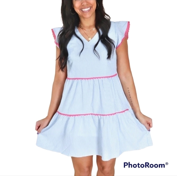 Andree By Unit Blue And White Pinstriped Pink Trim Ruffle Sleeve Baby Doll Dress - Picture 1 of 8